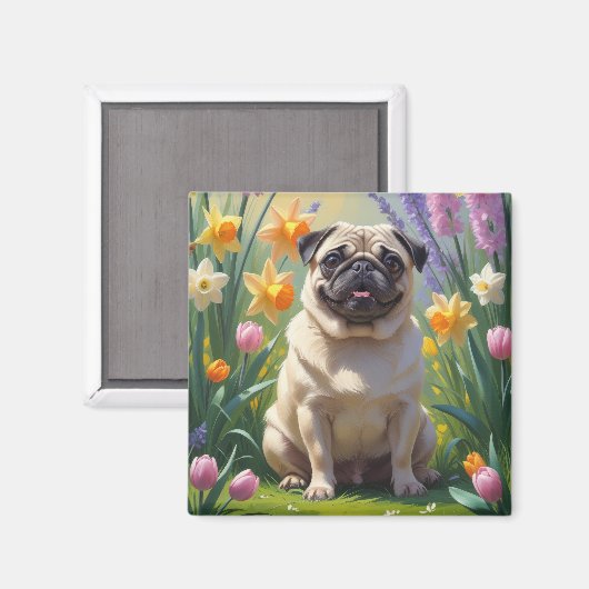 パグ犬の春の花の絵 マグネット (正面/裏面)