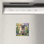 パグ犬の春の花の絵 マグネット (インサイチュ (食洗機))