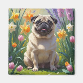 パグ犬の春の花の絵 マグネット (正面)