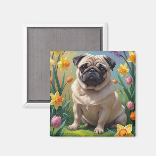 パグ犬の春の花の絵 マグネット (正面/裏面)