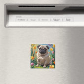 パグ犬の春の花の絵 マグネット (インサイチュ (食洗機))