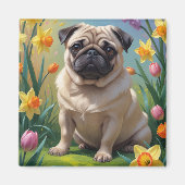 パグ犬の春の花の絵 マグネット (正面)