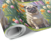 パグ犬の春の花の絵 ラッピングペーパー (ロールコーナー)