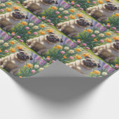 パグ犬の春の花の絵 ラッピングペーパー (角)