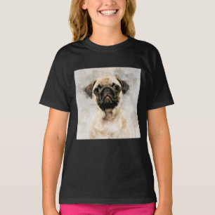 パグ犬の水彩画ポートレート 01 Tシャツ
