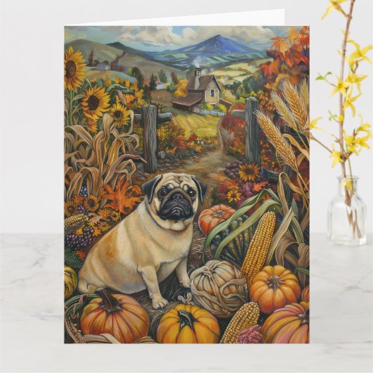 パグ犬の秋の収穫感謝祭 カード (黄色い花)