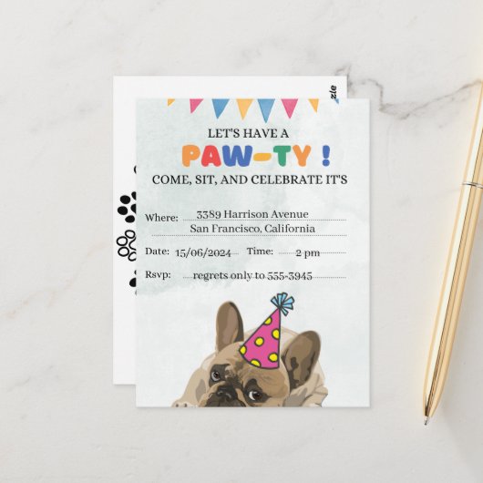 パグ犬の誕生日パーティー 子犬の肉球パーティー 誕生日 ポストカード (正面/裏面インサイチュ)