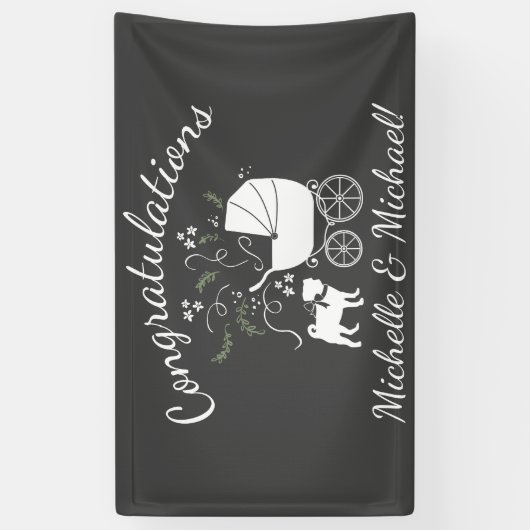 パグ犬の赤ちゃんシャワーグレーの子犬男女兼用 横断幕 (縦)