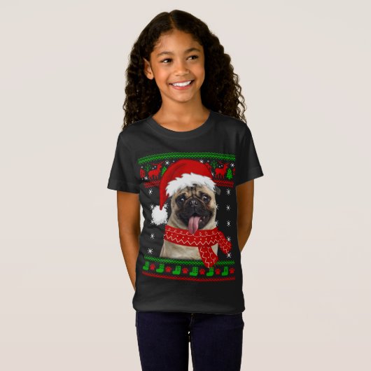 パグ犬の醜いセーターのクリスマスパピー犬の恋人 Tシャツ (正面フル)
