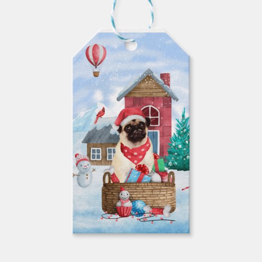 パグ犬の雪の中のクリスマス犬小屋 ギフトタグ (正面)