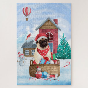 パグ犬の雪中のクリスマス犬小屋 ジグソーパズル