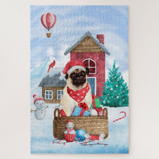 パグ犬の雪中のクリスマス犬小屋 ジグソーパズル (縦)