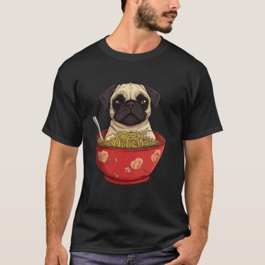 パグ犬の面白いラーメン Tシャツ (正面)