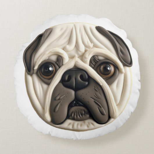 パグ犬の3Dデザイン  ラウンドクッション (正面)