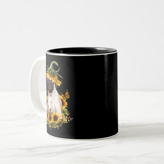 パグ犬ひまわり蝶かわいい犬の恋人のギフト ツートーンマグカップ (正面左)