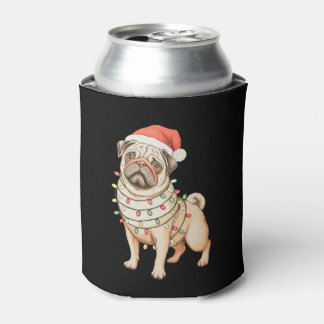 パグ犬クリスマスサンタ帽子イルミネーション ホリデー 缶クーラー