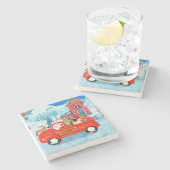 パグ犬クリスマスデリバリートラック雪 ストーンコースター (横)