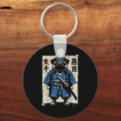 パグ犬サムライ 面白い日本人武士アート 男性 女性 キーホルダー (正面)