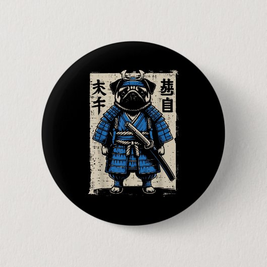 パグ犬サムライ 面白い日本人武士アート 男性 女性 缶バッジ (正面)