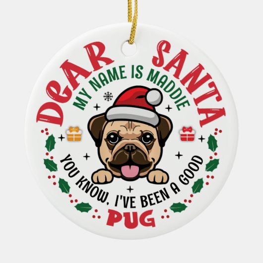 パグ犬サンタのクリスマスツリーオーナメント 丸型 セラミックオーナメント (正面)