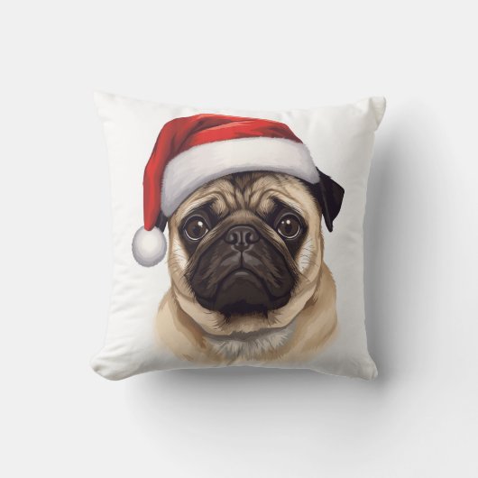 パグ犬サンタ帽子 メリークリスマス アート クッション (正面)