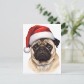 パグ犬サンタ帽子 メリークリスマス アート シーズンカード (スタンド正面)