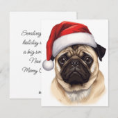 パグ犬サンタ帽子 メリークリスマス アート シーズンカード (正面/裏面)
