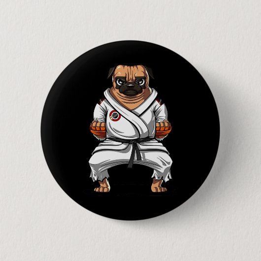 パグ犬空手武道キックボクシング柔術B 缶バッジ (正面)