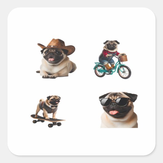 パグ犬4パッおもしろいクステッカー スクエアシール (正面)