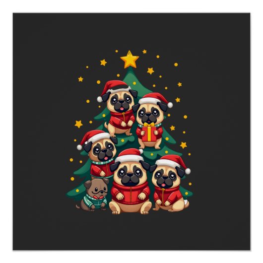 パグ犬 クリスマスツリー かわいい クリスマス (3) ポスター (正面)