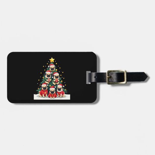 パグ犬 クリスマスツリー かわいい クリスマス (4) ラゲッジタグ (正面横)