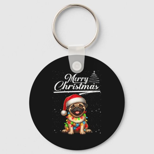 パグ犬 クリスマス ライト サンタ帽子 キャンディケイン キーホルダー (正面)