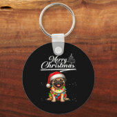 パグ犬 クリスマス ライト サンタ帽子 キャンディケイン キーホルダー (正面)