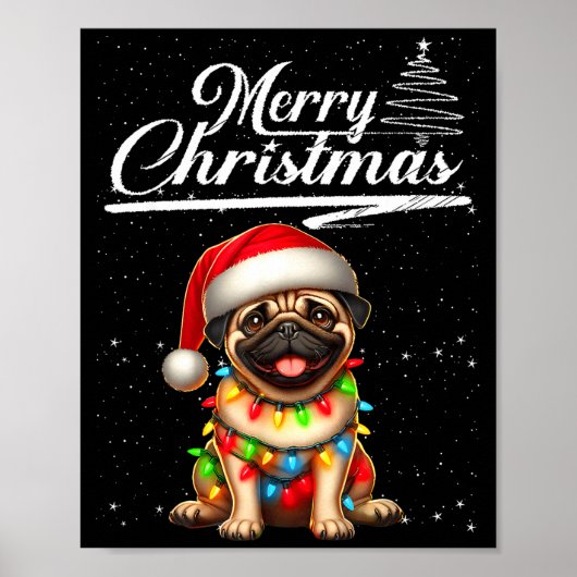 パグ犬 クリスマス ライト サンタ帽子 キャンディケイン ポスター (正面)