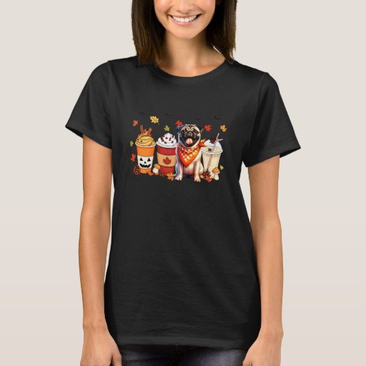 パグ犬 パンプキンスパイス コーヒー 女性 男性 秋 秋季 Tシャツ (正面)
