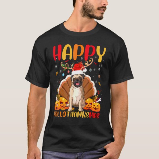 パグ犬 幸せなパグ こんにちは感謝祭 Tシャツ (正面)