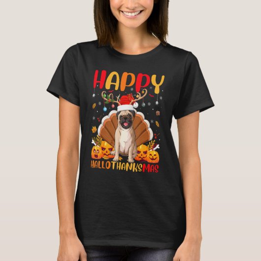 パグ犬 幸せなパグ メリーサンクスマス Tシャツ (正面)