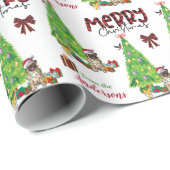 パグ犬、鳥、クリスマスツリー ラッピングペーパー (ロールコーナー)