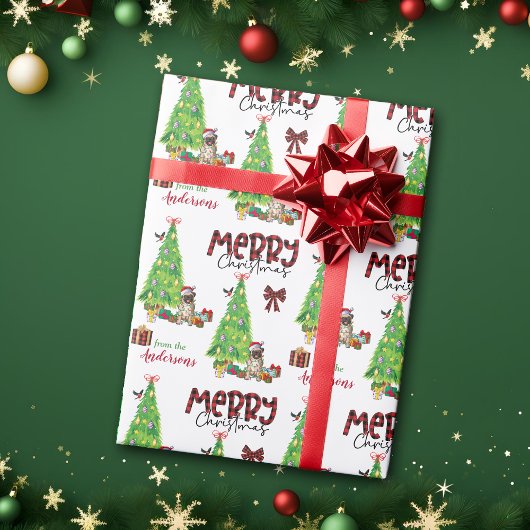 パグ犬、鳥、クリスマスツリー ラッピングペーパー