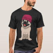 パグ着てビーニークールかわいい犬ニット帽子ペット愛 Tシャツ (正面)