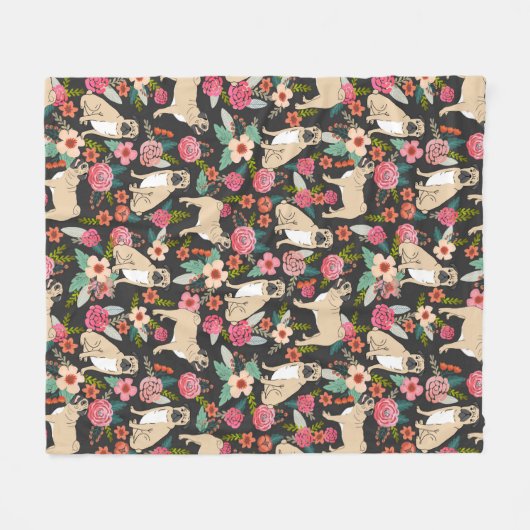 パグ花模様毛布 – かわいいパグ花模様デザイン フリースブランケット (正面(横))