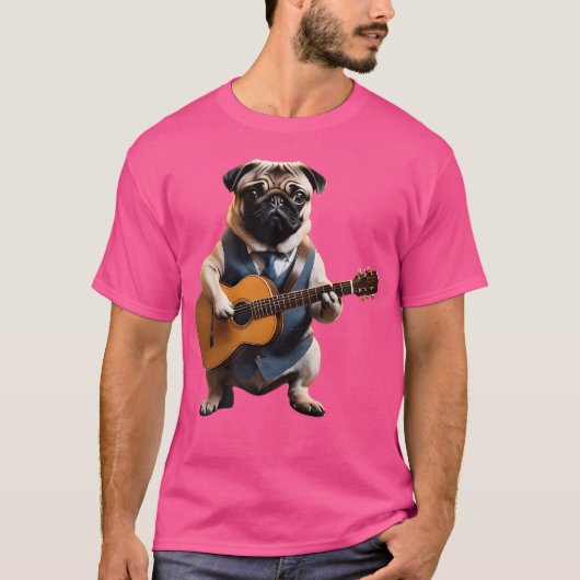 パグ遊のアコースティックギターかわいい犬ミュージシャン Tシャツ (正面)
