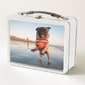 パグ遊ズボールオンビーチ メタルランチボックス (正面)