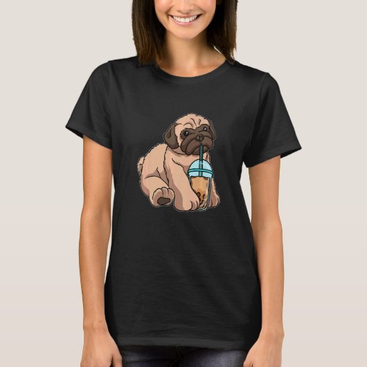 パグ飲むバブルティーかわいい動物とボバティー Tシャツ (正面)