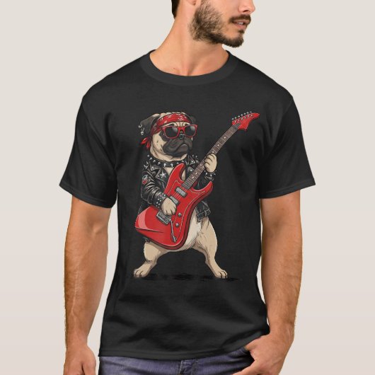 パグ エレキギター ロック ミュージック 犬 Tシャツ (正面)