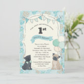 パグ&キスズ子犬写真誕生日 招待状 (スタンド正面)