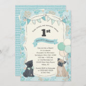 パグ&キスズ子犬写真誕生日 招待状 (正面/裏面)