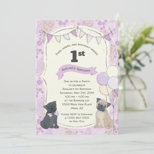パグ&キスズ子犬写真誕生日 招待状 (スタンド正面)