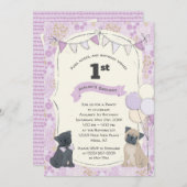 パグ&キスズ子犬写真誕生日 招待状 (正面/裏面)