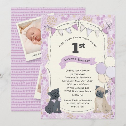 パグ&キスズ子犬写真誕生日 招待状 (正面/裏面)